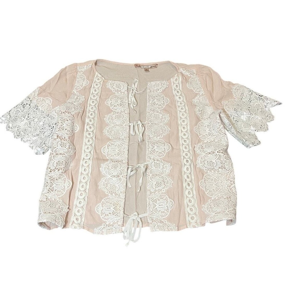 For Love & Lemons Blouse Women S Pink Lace Tie Front Short Sleeve Cropped Boho